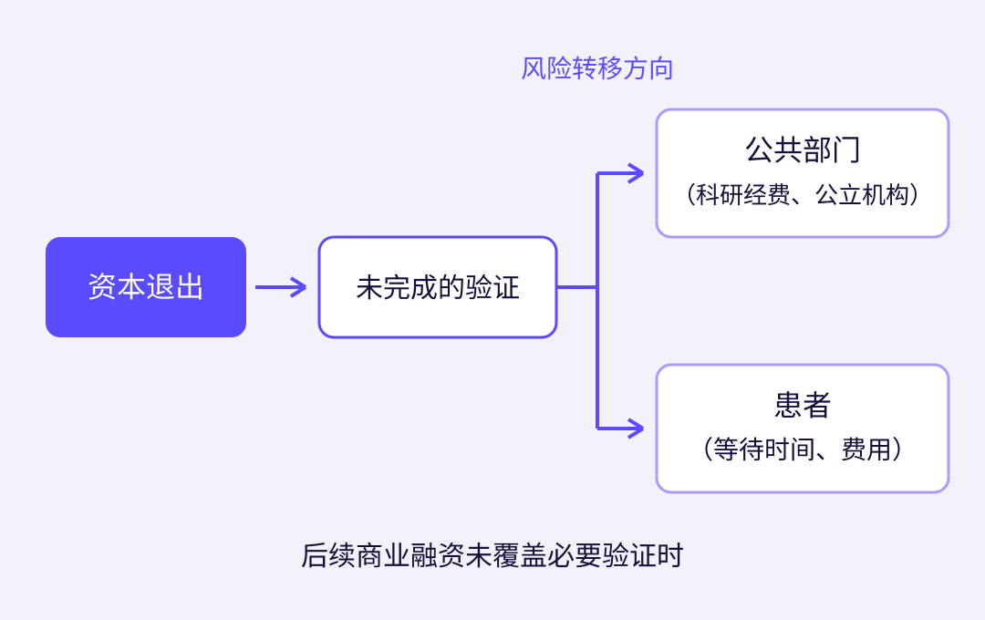 图 2 ｜ 商业接续融资未覆盖必要验证时，公共部门可能补充研究投入，患者可能承担额外等待与费用；箭头表示条件性路径 · 来源：一目半绘制