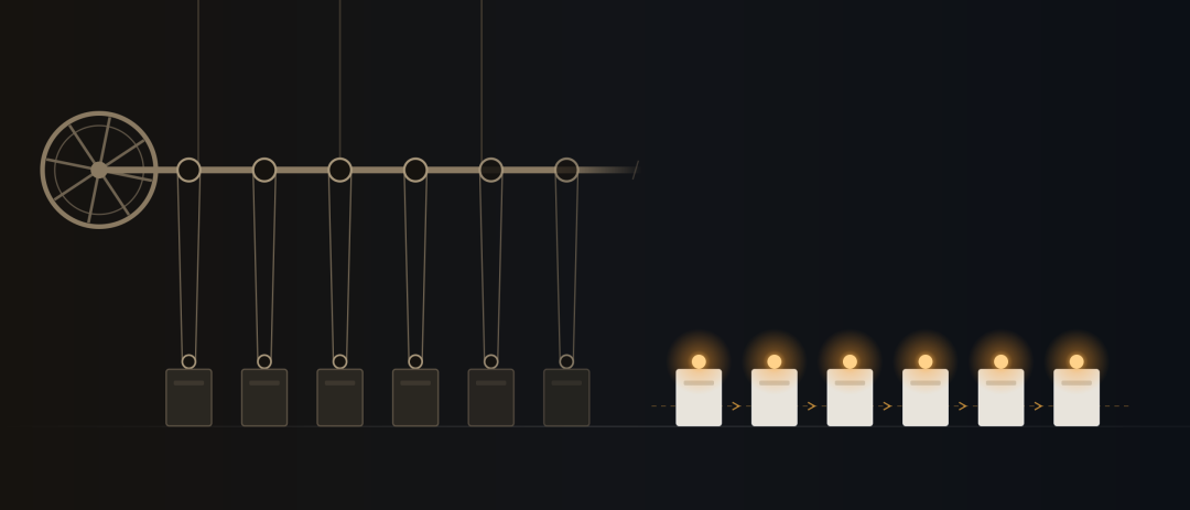 On the left, one line shaft drives a row of machines through belts; on the right, each machine has its own light, laid out in process order
